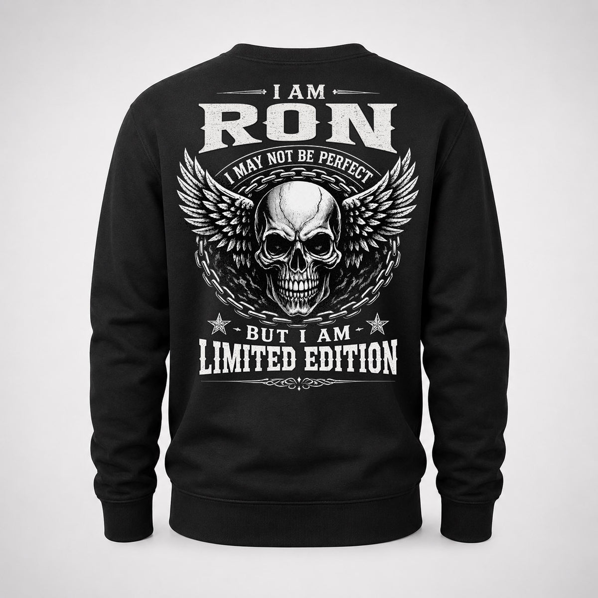 RON P01-K24-229 – Personalized Skull Graphic Apparel “I Am NAME I May Not Be Perfect But I Am Limited Edition”