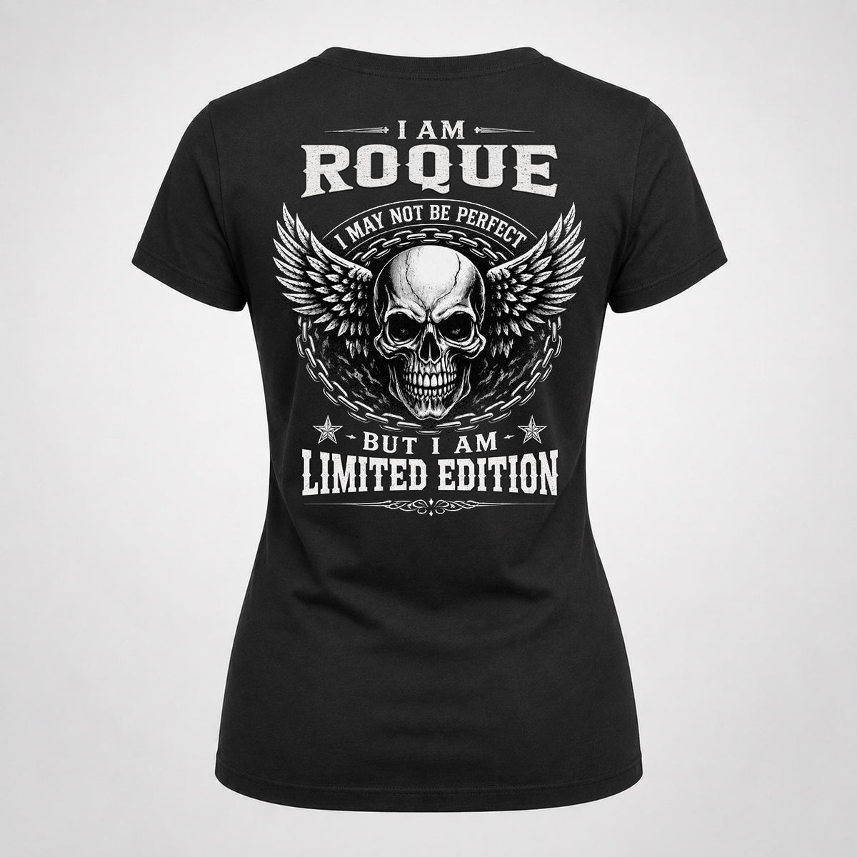 ROQUE P01-K24-229 – Personalized Skull Graphic Apparel “I Am NAME I May Not Be Perfect But I Am Limited Edition”