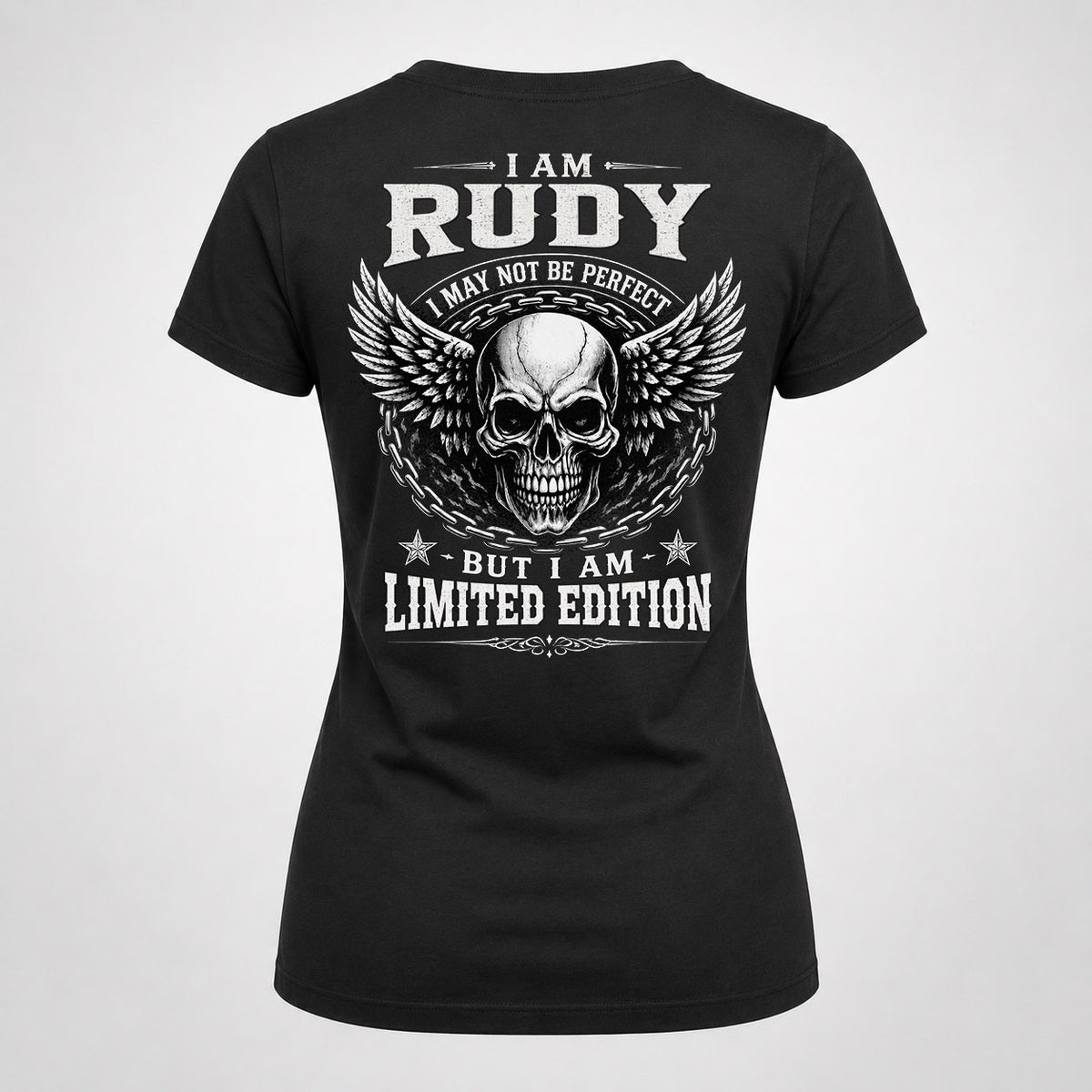 RUDY P01-K24-229 – Personalized Skull Graphic Apparel “I Am NAME I May Not Be Perfect But I Am Limited Edition”