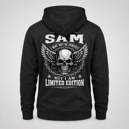 SAM P01-K24-229 – Personalized Skull Graphic Apparel “I Am NAME I May Not Be Perfect But I Am Limited Edition”