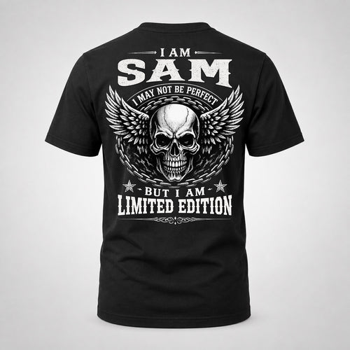 SAM P01-K24-229 – Personalized Skull Graphic Apparel “I Am NAME I May Not Be Perfect But I Am Limited Edition”