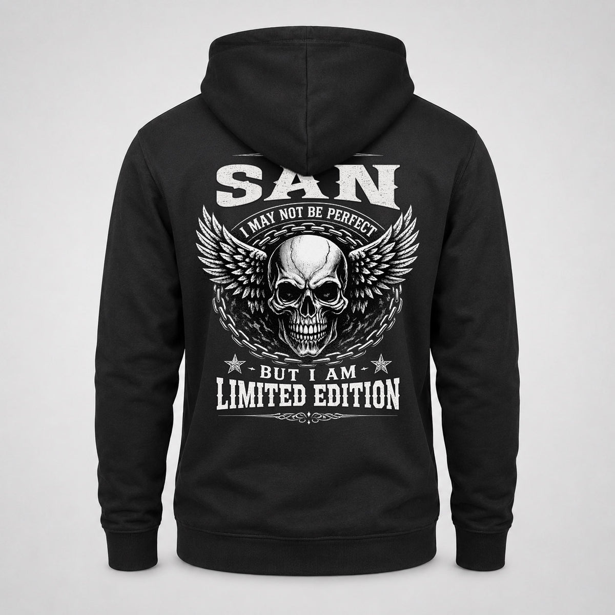 SAN P01-K24-229 – Personalized Skull Graphic Apparel “I Am NAME I May Not Be Perfect But I Am Limited Edition”