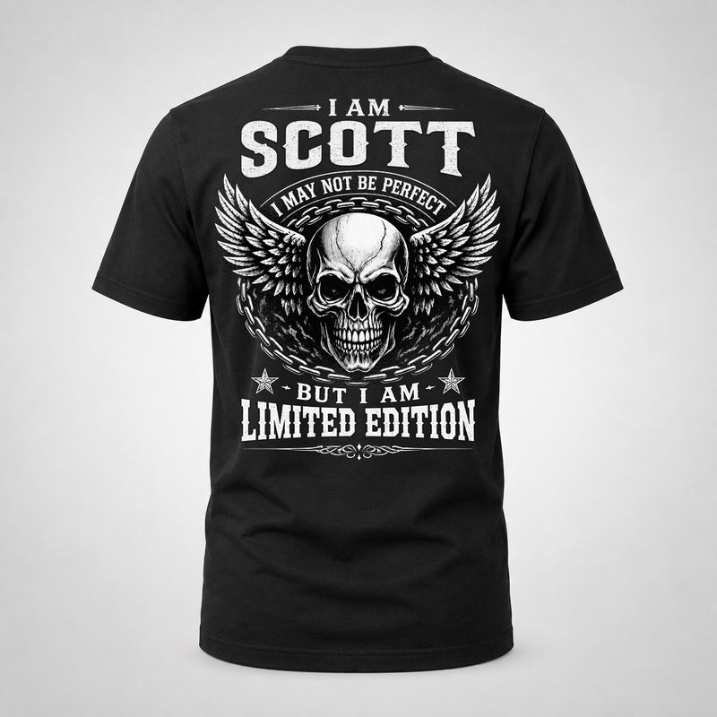 SCOTT P01-K24-229 – Personalized Skull Graphic Apparel “I Am NAME I May Not Be Perfect But I Am Limited Edition”