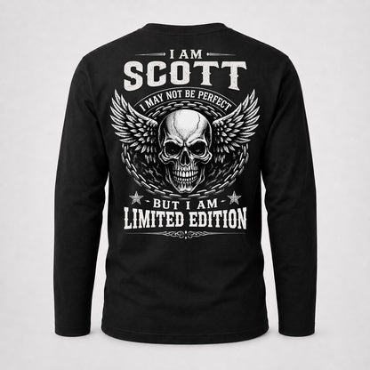 SCOTT P01-K24-229 – Personalized Skull Graphic Apparel “I Am NAME I May Not Be Perfect But I Am Limited Edition”