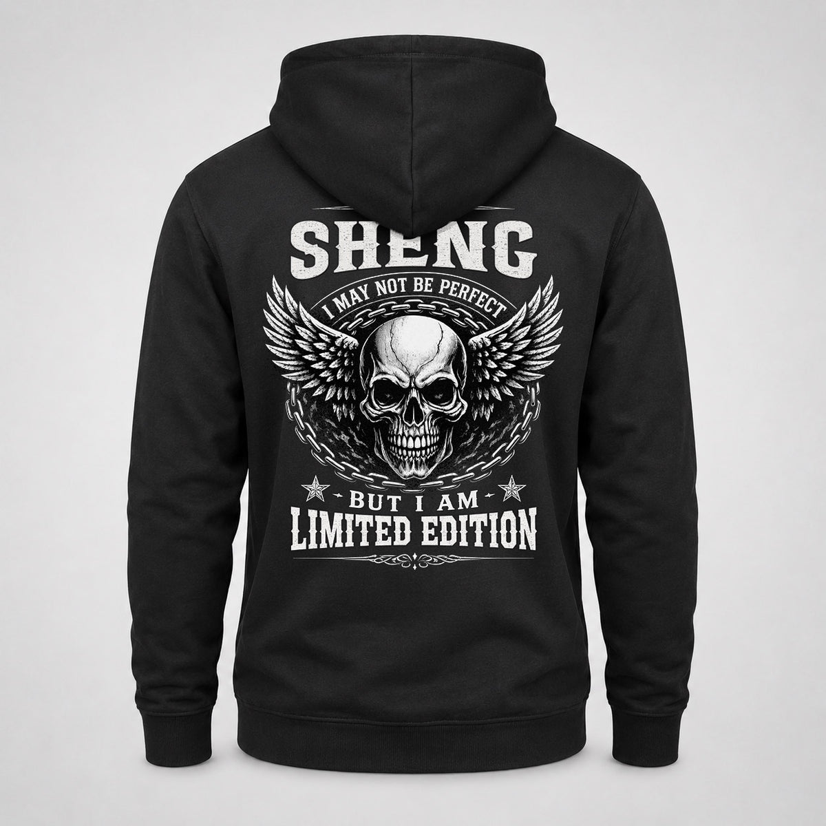 SHENG P01-K24-229 – Personalized Skull Graphic Apparel “I Am NAME I May Not Be Perfect But I Am Limited Edition”