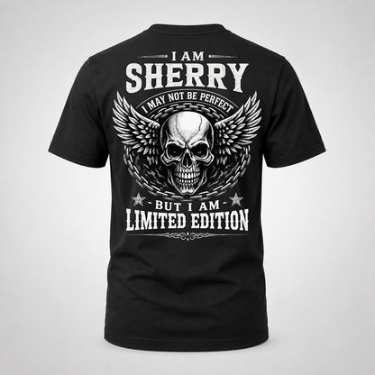 SHERRY P01-K24-229 – Personalized Skull Graphic Apparel “I Am NAME I May Not Be Perfect But I Am Limited Edition”