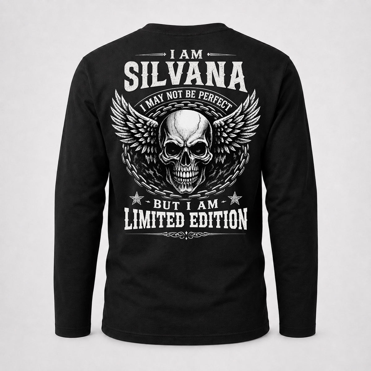 SILVANA P01-K24-229 – Personalized Skull Graphic Apparel “I Am NAME I May Not Be Perfect But I Am Limited Edition”