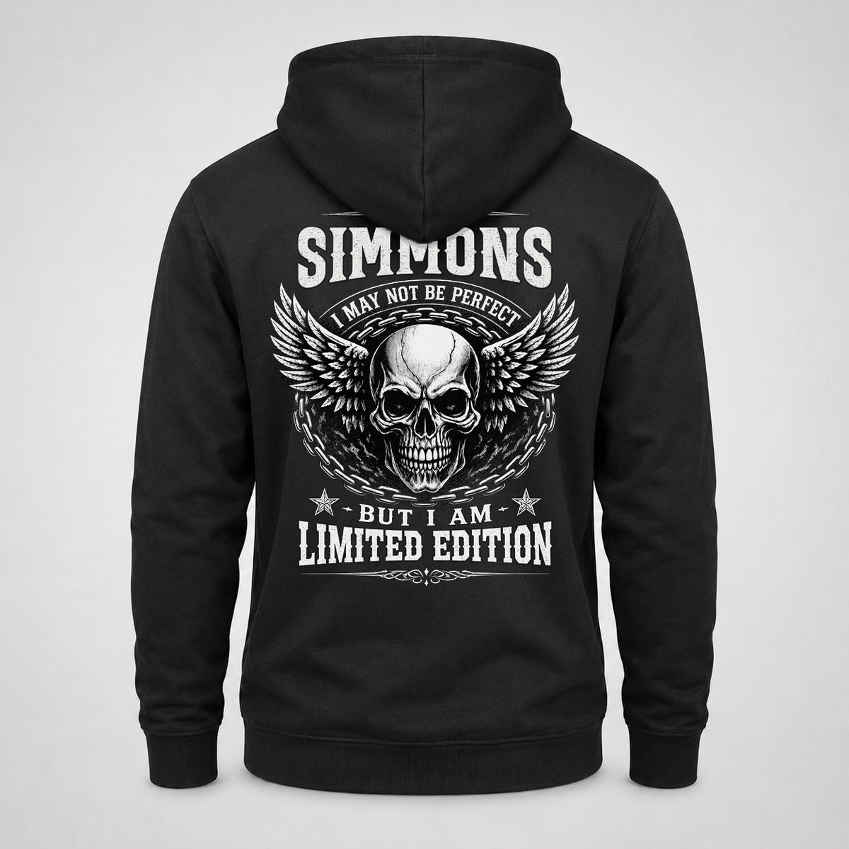 SIMMONS P01-K24-229 – Personalized Skull Graphic Apparel “I Am NAME I May Not Be Perfect But I Am Limited Edition”