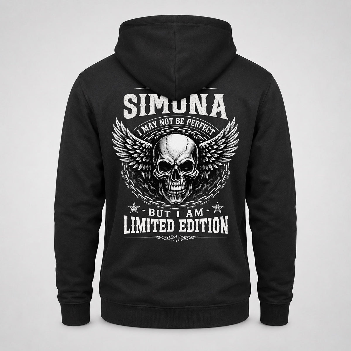 SIMONA P01-K24-229 – Personalized Skull Graphic Apparel “I Am NAME I May Not Be Perfect But I Am Limited Edition”