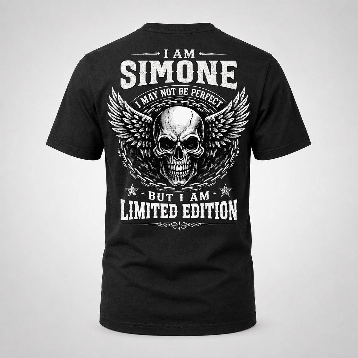 SIMONE P01-K24-229 – Personalized Skull Graphic Apparel “I Am NAME I May Not Be Perfect But I Am Limited Edition”