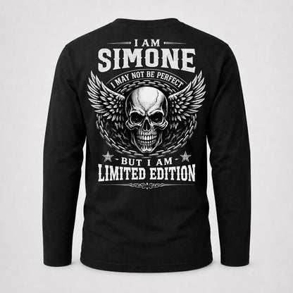 SIMONE P01-K24-229 – Personalized Skull Graphic Apparel “I Am NAME I May Not Be Perfect But I Am Limited Edition”