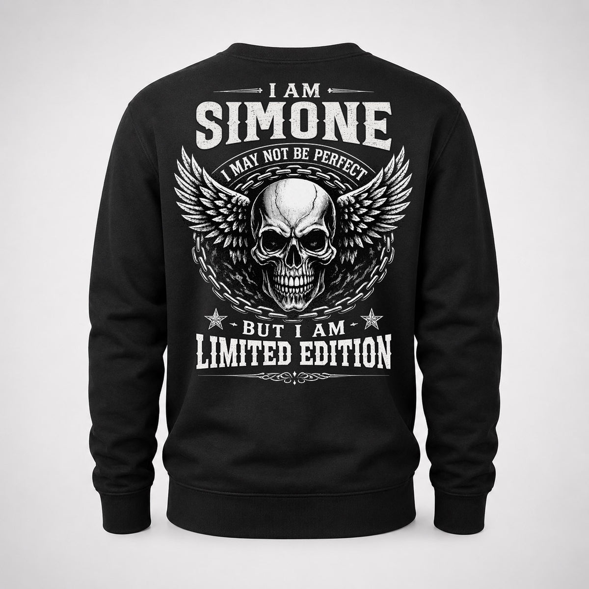 SIMONE P01-K24-229 – Personalized Skull Graphic Apparel “I Am NAME I May Not Be Perfect But I Am Limited Edition”