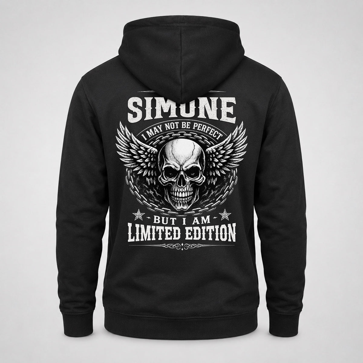 SIMONE P01-K24-229 – Personalized Skull Graphic Apparel “I Am NAME I May Not Be Perfect But I Am Limited Edition”