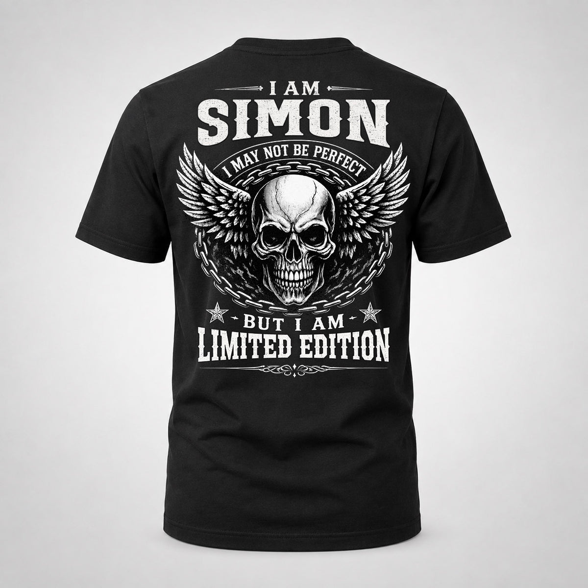 SIMON P01-K24-229 – Personalized Skull Graphic Apparel “I Am NAME I May Not Be Perfect But I Am Limited Edition”