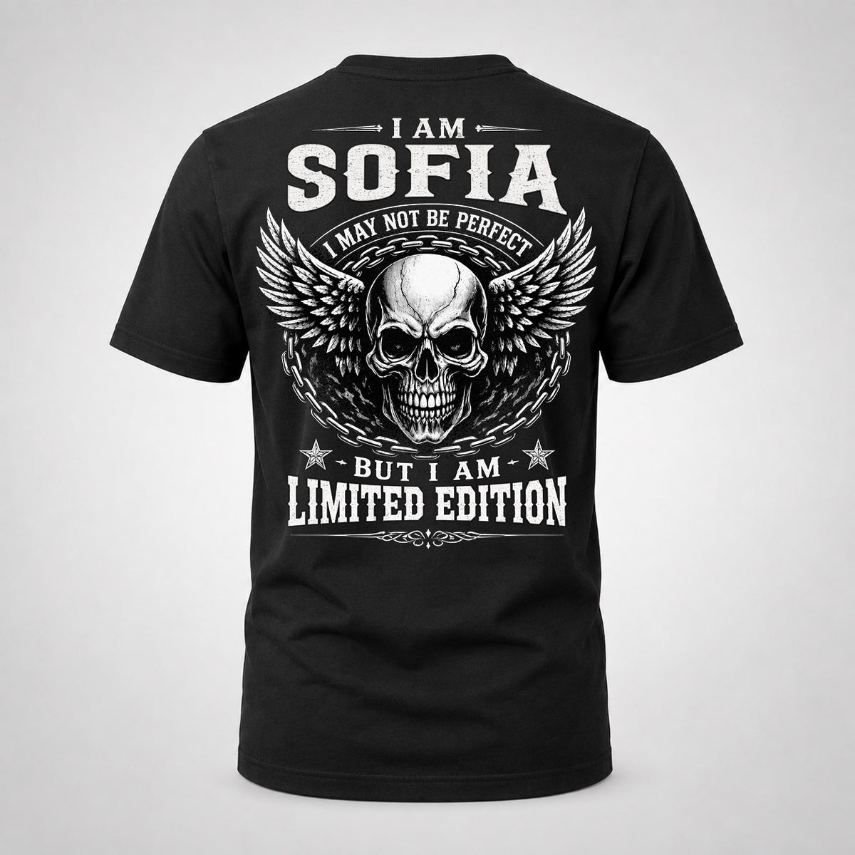 SOFIA P01-K24-229 – Personalized Skull Graphic Apparel “I Am NAME I May Not Be Perfect But I Am Limited Edition”