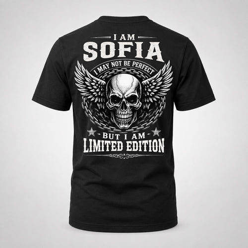 SOFIA P01-K24-229 – Personalized Skull Graphic Apparel “I Am NAME I May Not Be Perfect But I Am Limited Edition”