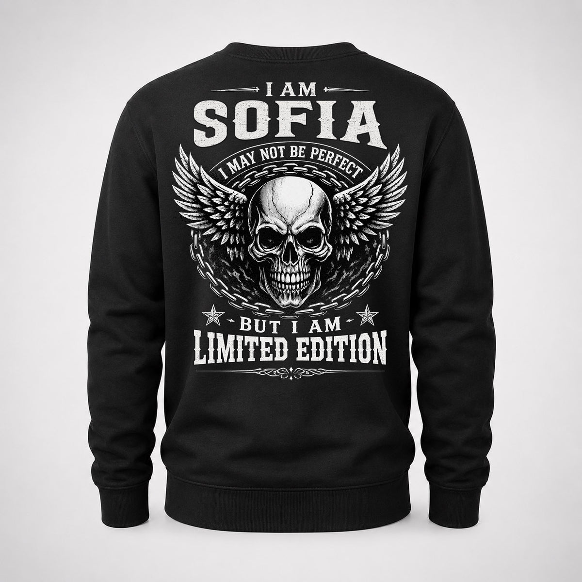 SOFIA P01-K24-229 – Personalized Skull Graphic Apparel “I Am NAME I May Not Be Perfect But I Am Limited Edition”