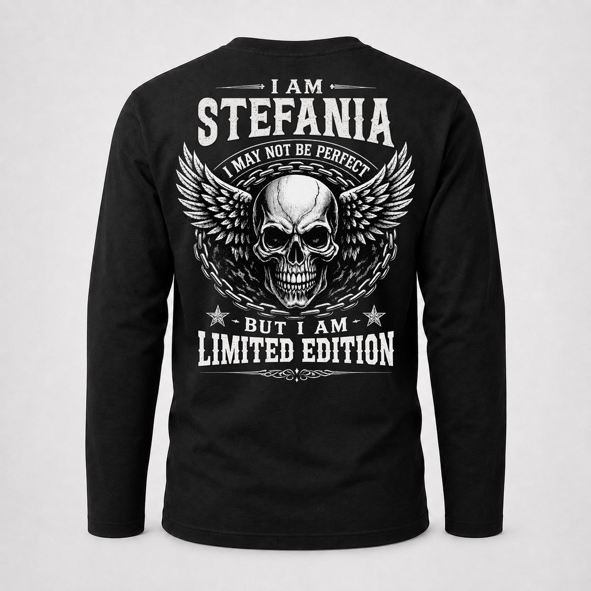 STEFANIA P01-K24-229 – Personalized Skull Graphic Apparel “I Am NAME I May Not Be Perfect But I Am Limited Edition”
