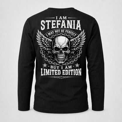 STEFANIA P01-K24-229 – Personalized Skull Graphic Apparel “I Am NAME I May Not Be Perfect But I Am Limited Edition”