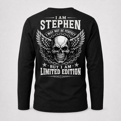 STEPHEN P01-K24-229 – Personalized Skull Graphic Apparel “I Am NAME I May Not Be Perfect But I Am Limited Edition”