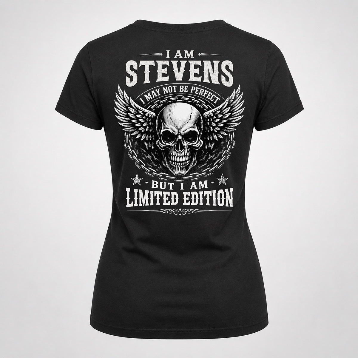 STEVENS P01-K24-229 – Personalized Skull Graphic Apparel “I Am NAME I May Not Be Perfect But I Am Limited Edition”