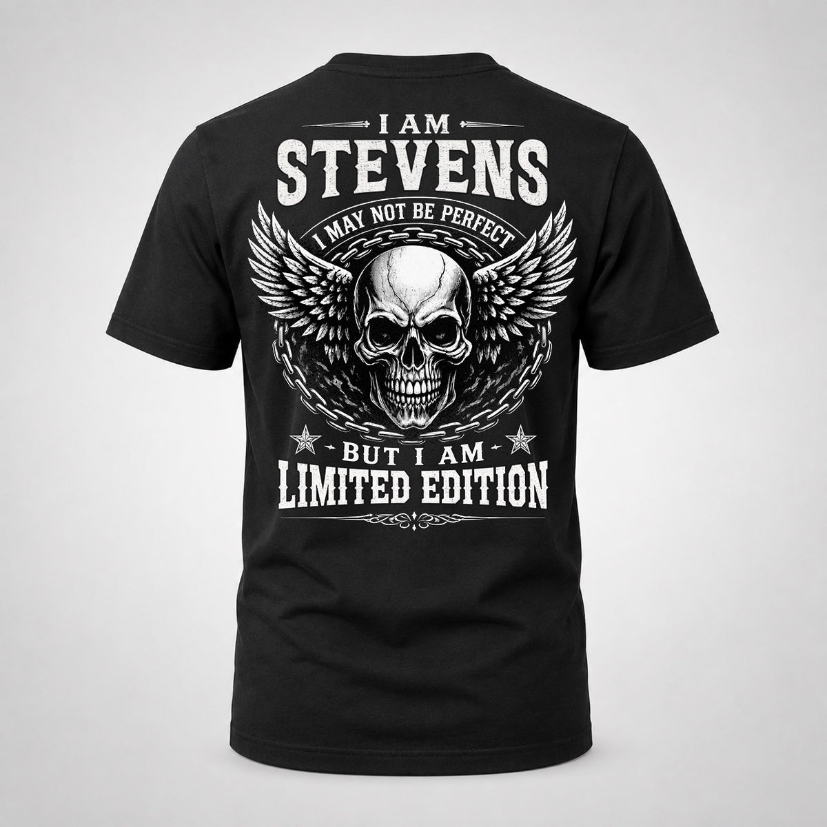 STEVENS P01-K24-229 – Personalized Skull Graphic Apparel “I Am NAME I May Not Be Perfect But I Am Limited Edition”