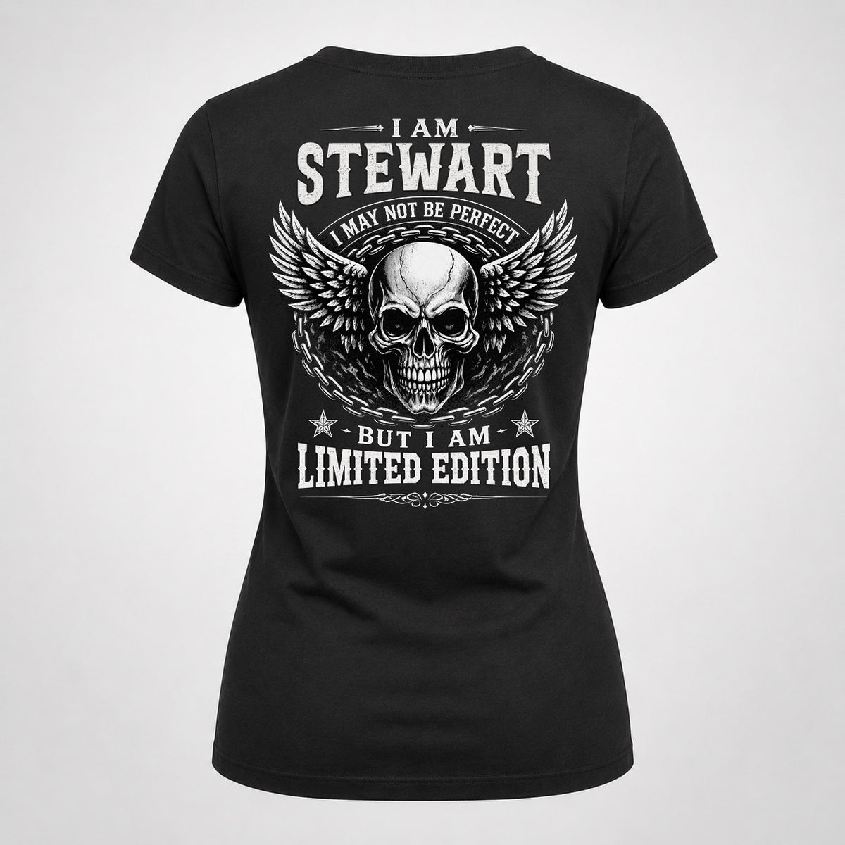 STEWART P01-K24-229 – Personalized Skull Graphic Apparel “I Am NAME I May Not Be Perfect But I Am Limited Edition”