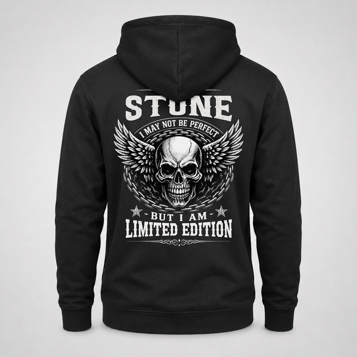STONE P01-K24-229 – Personalized Skull Graphic Apparel “I Am NAME I May Not Be Perfect But I Am Limited Edition”