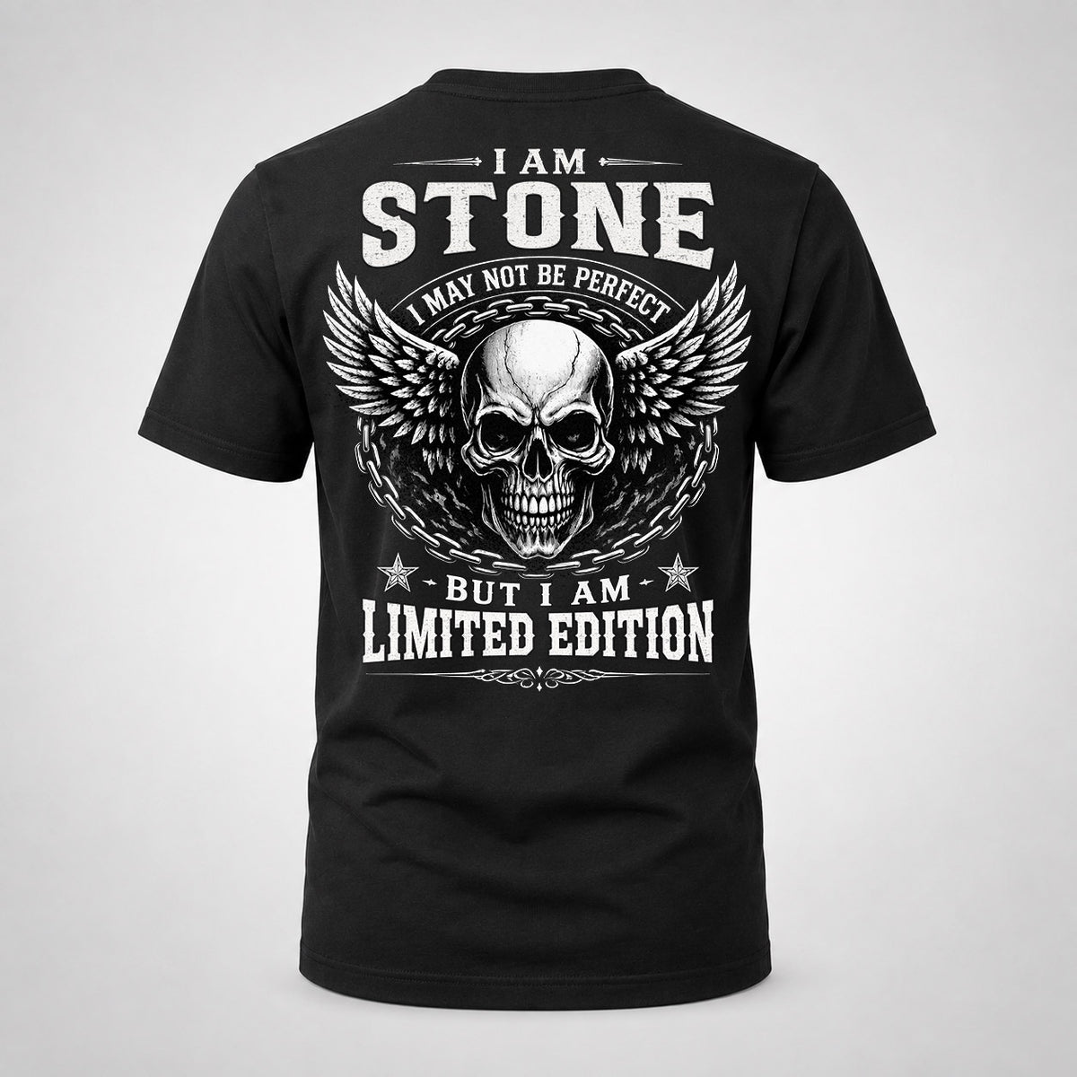 STONE P01-K24-229 – Personalized Skull Graphic Apparel “I Am NAME I May Not Be Perfect But I Am Limited Edition”