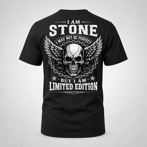 STONE P01-K24-229 – Personalized Skull Graphic Apparel “I Am NAME I May Not Be Perfect But I Am Limited Edition”