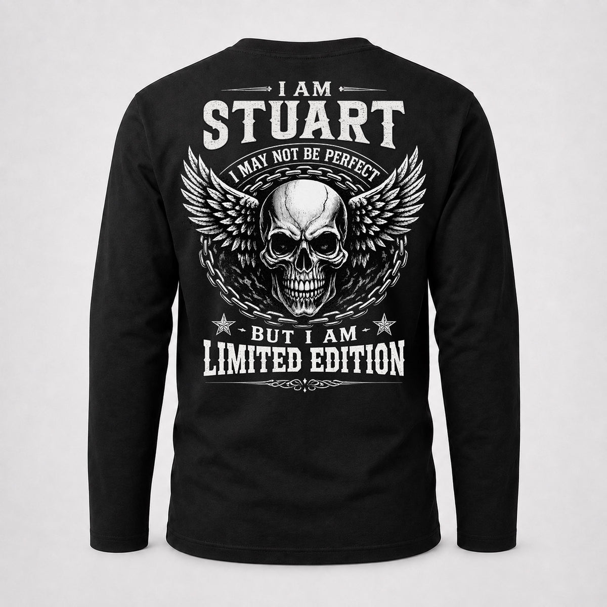 STUART P01-K24-229 – Personalized Skull Graphic Apparel “I Am NAME I May Not Be Perfect But I Am Limited Edition”