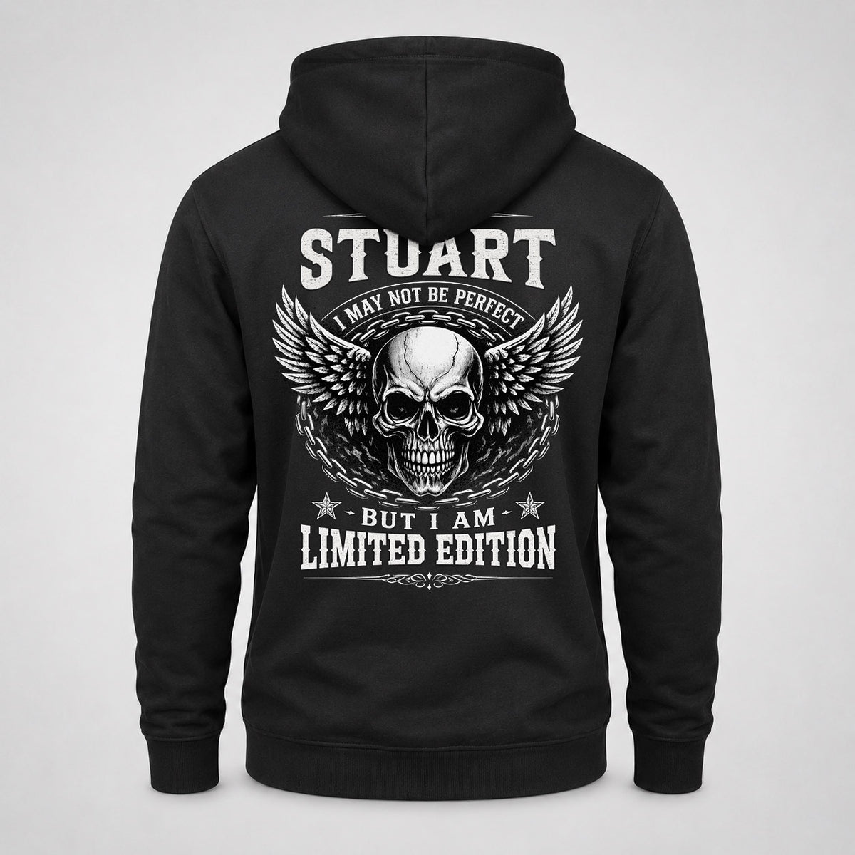 STUART P01-K24-229 – Personalized Skull Graphic Apparel “I Am NAME I May Not Be Perfect But I Am Limited Edition”