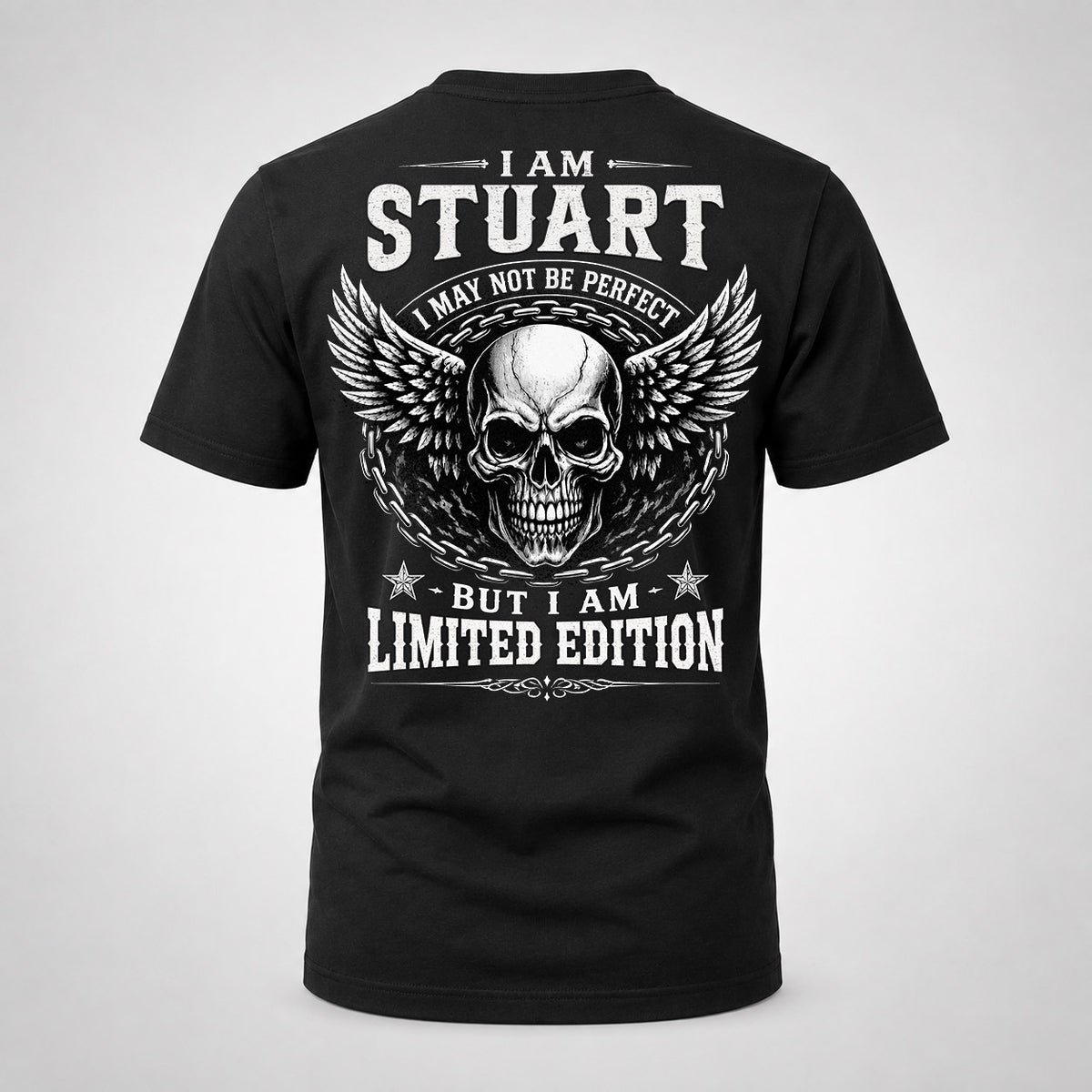 STUART P01-K24-229 – Personalized Skull Graphic Apparel “I Am NAME I May Not Be Perfect But I Am Limited Edition”