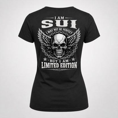 SUI P01-K24-229 – Personalized Skull Graphic Apparel “I Am NAME I May Not Be Perfect But I Am Limited Edition”