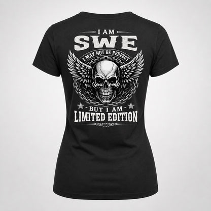 SWE P01-K24-229 – Personalized Skull Graphic Apparel “I Am NAME I May Not Be Perfect But I Am Limited Edition”