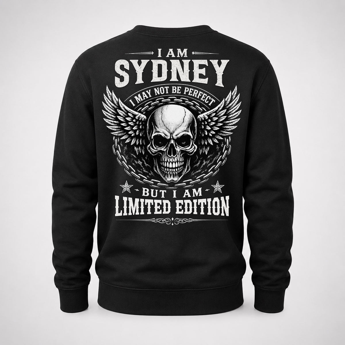 SYDNEY P01-K24-229 – Personalized Skull Graphic Apparel “I Am NAME I May Not Be Perfect But I Am Limited Edition”
