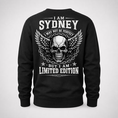SYDNEY P01-K24-229 – Personalized Skull Graphic Apparel “I Am NAME I May Not Be Perfect But I Am Limited Edition”