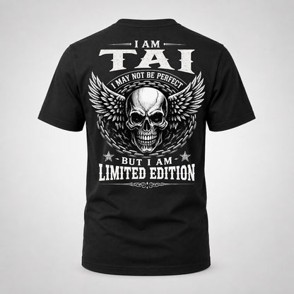 TAI P01-K24-229 – Personalized Skull Graphic Apparel “I Am NAME I May Not Be Perfect But I Am Limited Edition”