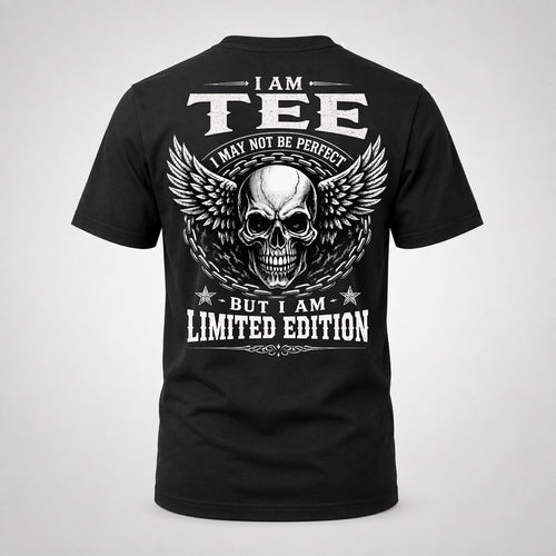 TEE P01-K24-229 – Personalized Skull Graphic Apparel “I Am NAME I May Not Be Perfect But I Am Limited Edition”