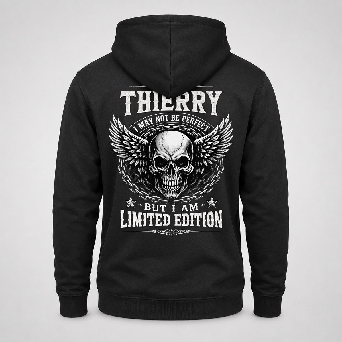 THIERRY P01-K24-229 – Personalized Skull Graphic Apparel “I Am NAME I May Not Be Perfect But I Am Limited Edition”