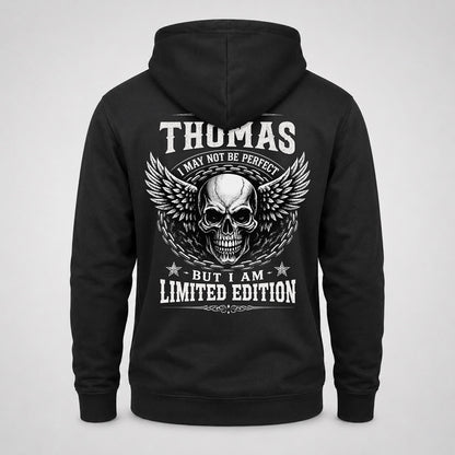 THOMAS P01-K24-229 – Personalized Skull Graphic Apparel “I Am NAME I May Not Be Perfect But I Am Limited Edition”