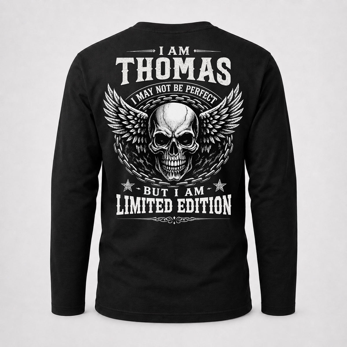 THOMAS P01-K24-229 – Personalized Skull Graphic Apparel “I Am NAME I May Not Be Perfect But I Am Limited Edition”