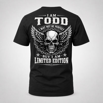 TODD P01-K24-229 – Personalized Skull Graphic Apparel “I Am NAME I May Not Be Perfect But I Am Limited Edition”