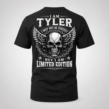 TYLER P01-K24-229 – Personalized Skull Graphic Apparel “I Am NAME I May Not Be Perfect But I Am Limited Edition”
