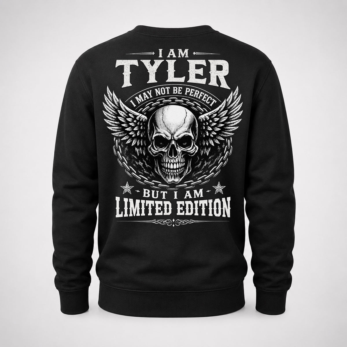 TYLER P01-K24-229 – Personalized Skull Graphic Apparel “I Am NAME I May Not Be Perfect But I Am Limited Edition”