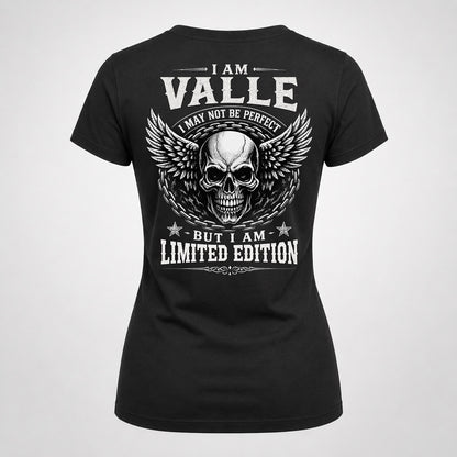 VALLE P01-K24-229 – Personalized Skull Graphic Apparel “I Am NAME I May Not Be Perfect But I Am Limited Edition”