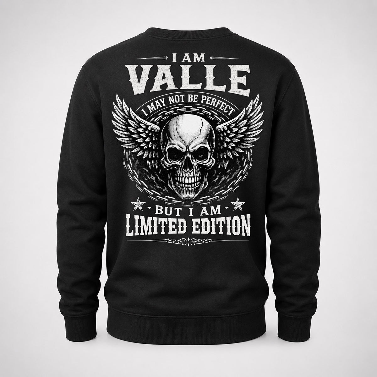 VALLE P01-K24-229 – Personalized Skull Graphic Apparel “I Am NAME I May Not Be Perfect But I Am Limited Edition”