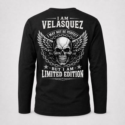 VELASQUEZ P01-K24-229 – Personalized Skull Graphic Apparel “I Am NAME I May Not Be Perfect But I Am Limited Edition”