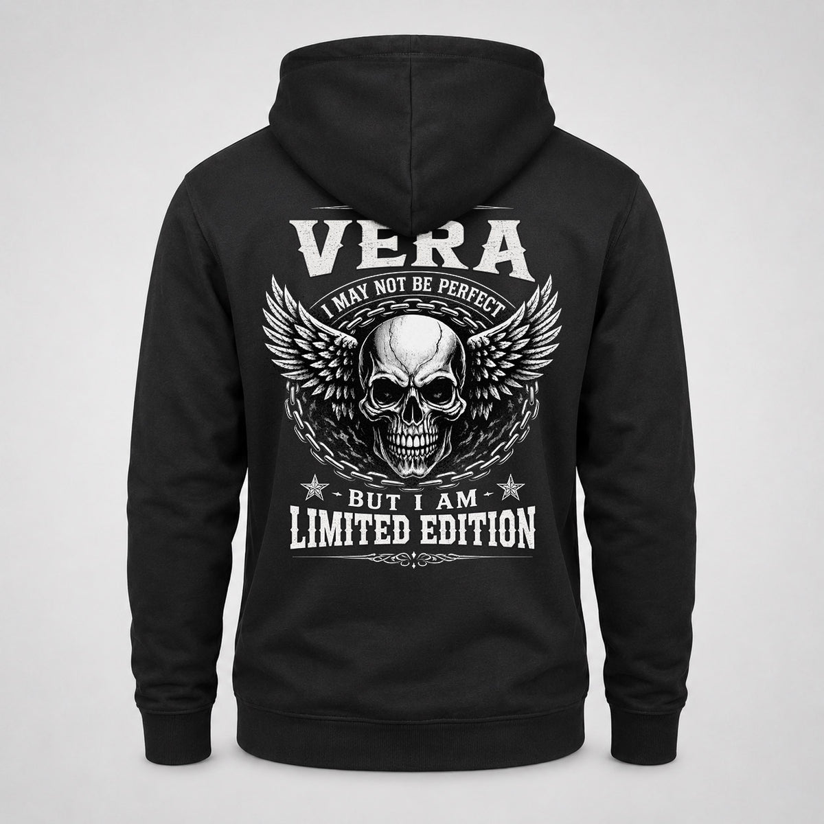 VERA P01-K24-229 – Personalized Skull Graphic Apparel “I Am NAME I May Not Be Perfect But I Am Limited Edition”