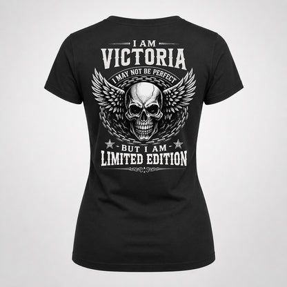 VICTORIA P01-K24-229 – Personalized Skull Graphic Apparel “I Am NAME I May Not Be Perfect But I Am Limited Edition”